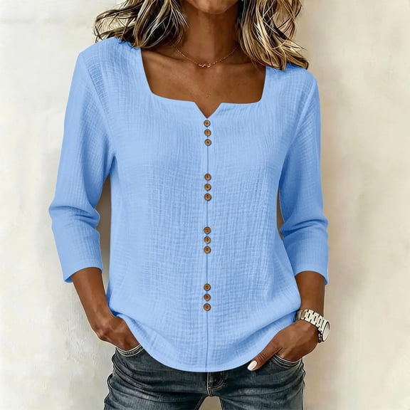 Stralyhd 3/4 Sleeve Tops for Women 2026 Summer Button Down Shirts Dressy Casual V Neck Top Loose Fit Beach Vacation Henley Blouses Blue XL