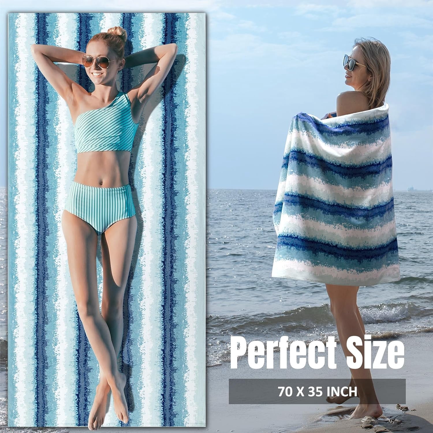 Large Beach Towel Oversized - Cotton Velour  Inch Coast Waves Camo Striped Terry Pool Towel, Soft Swimming Towel for Adults Women Men