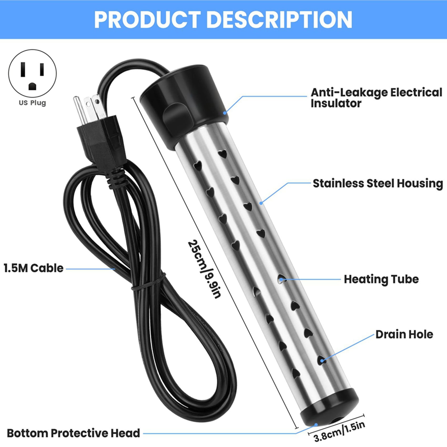 2X Immersion Water Heater, 1500W Bucket Heater with 304 Stainless Steel Guard, Heats Electric Water Heater Us Plug