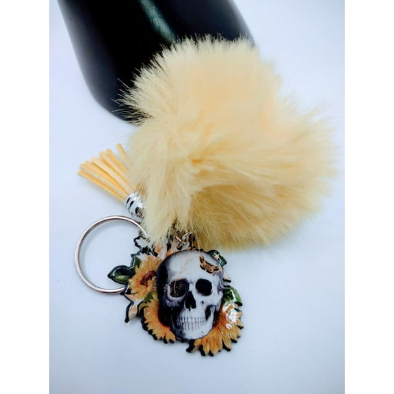 skull sunflower acrylic keychain with fur And Tassel charm