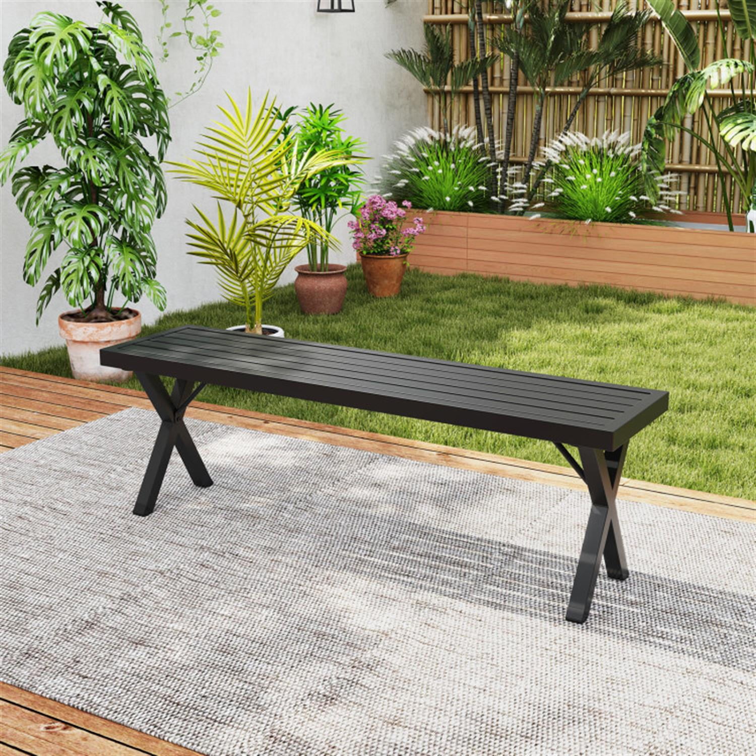 Demi Bonn Patio Metal Bench with Slatted Seat and X Legs, Outdoor Benches Accent Furniture for Yard, Garden, Black