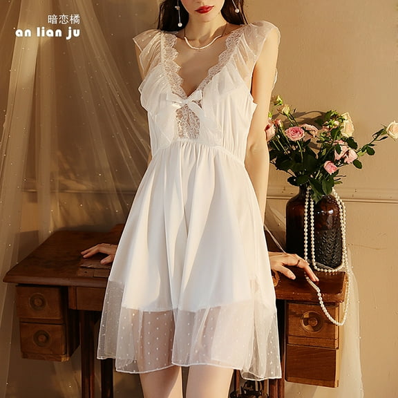 Women’s Flirty V-Nightie with Lace Trim - Adjustable Straps Silky Sleepwear Lingerie