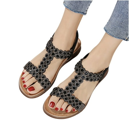 

UMfun Summer Sandals For Women Flat Slip On Sandals Crystal Roman Shoes Open Toe Casual Sandals