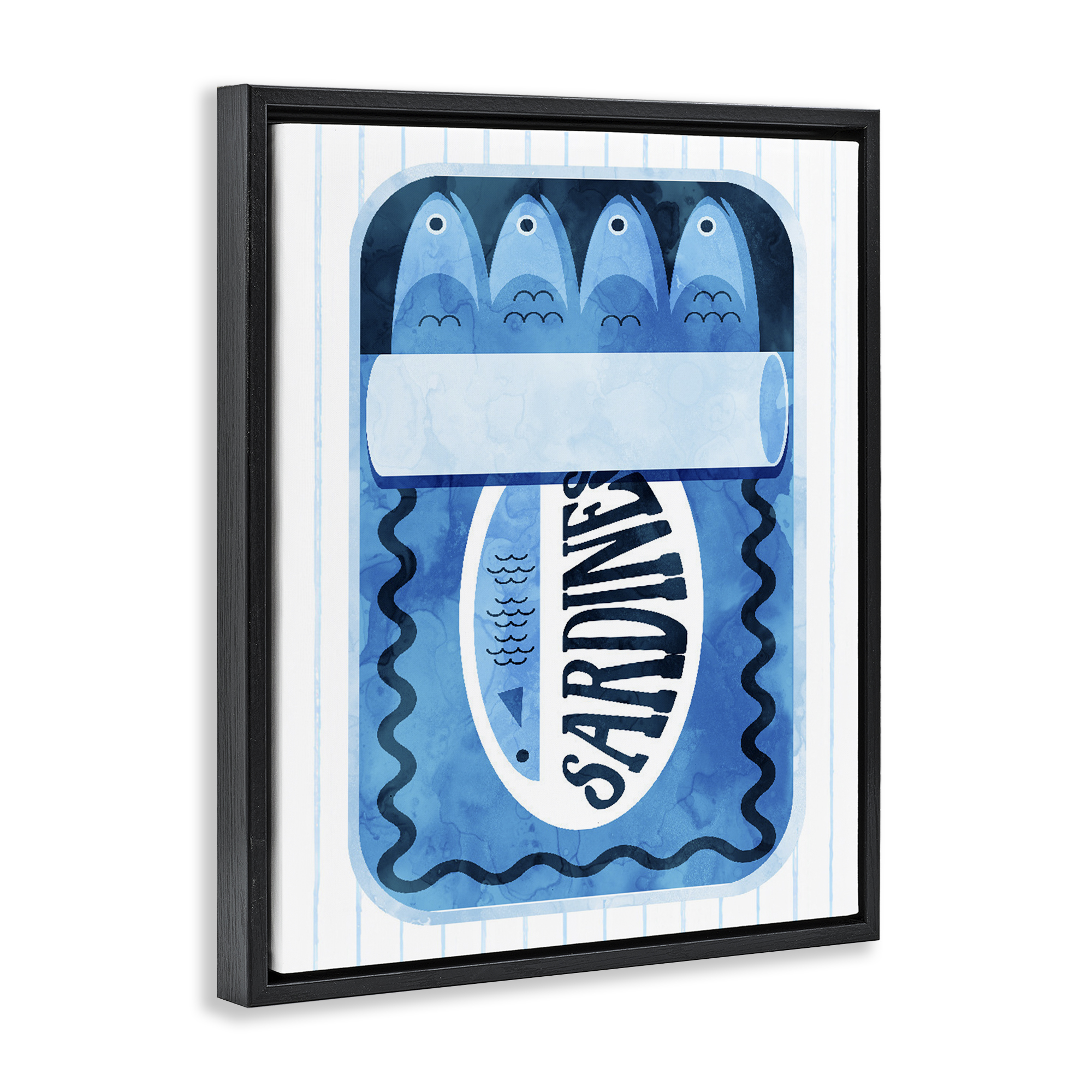 Blue Sardine Tin Over Stripes Black Framed Floater Canvas Wall Art, design by Daphne Polselli