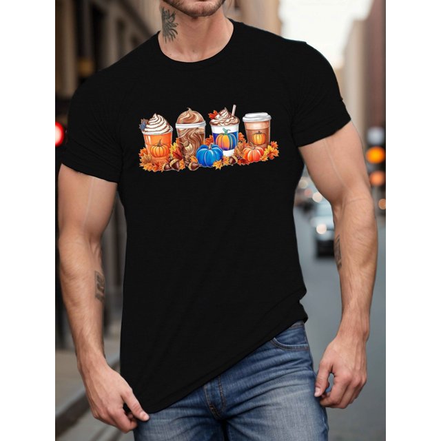 Halloween T-Shirt, Men's Summer T-Shirt - Casual Short Sleeve Fall Pumpkin Coffee Mug Pattern, 100% Cotton, Machine Washable