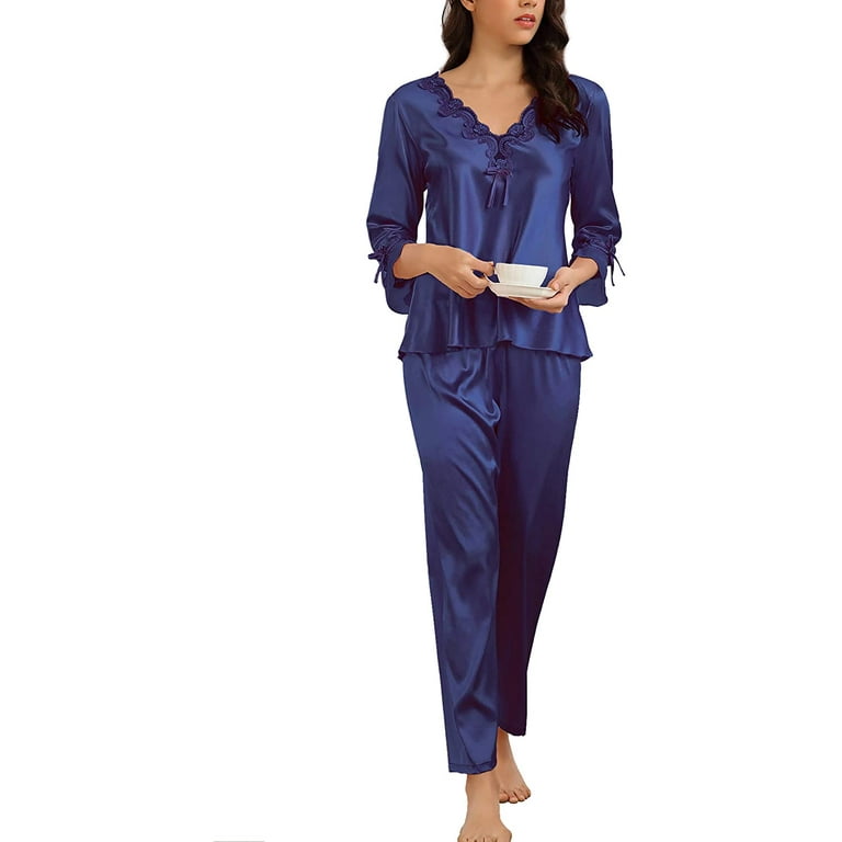 Womens Silk Satin Pajamas Set 2 Piece Sleepwear Loungewear 3/4 Sleeve  Pullover Lounge Sets Silky Pj Set