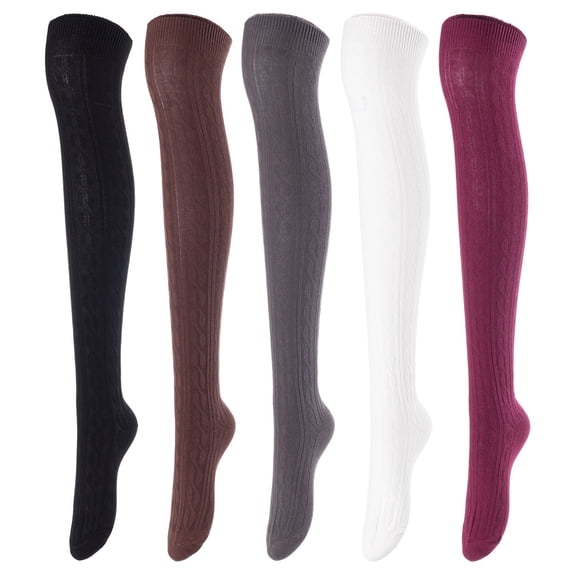 Lovely Annie Women's 5 Pairs Over Knee High Thigh-High Cotton Socks Size 6-9 L1024-5p5c3(Black,Coffee,Dark Grey,Cream,Wine)