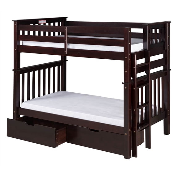 Santa Fe Mission Tall Bunk Bed Twin over Twin - Bed End Ladder - Multiple Finishes - with Under Bed Drawers