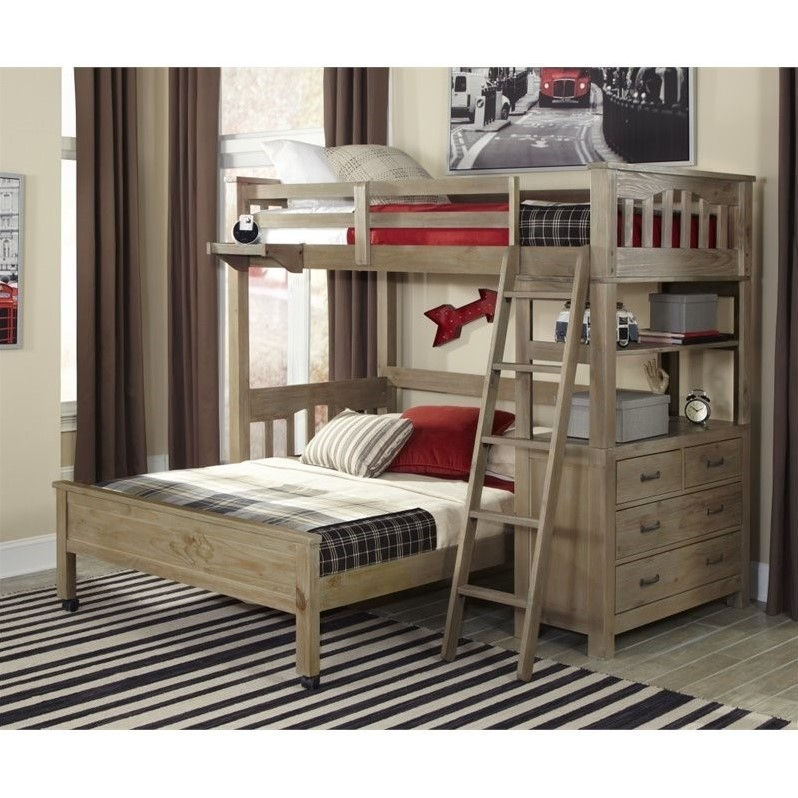 NE Kids Highlands Twin Loft Bed with Full Lower Bed in Driftwood