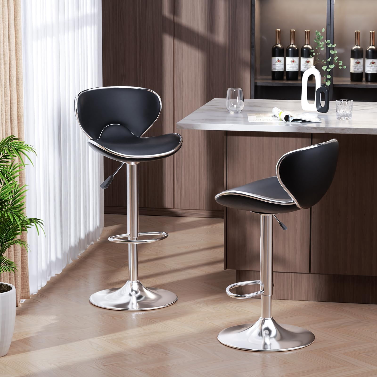 Adjustable Swivel Bar Stools Set of 2 , Modern PU Leather Upholstered Bar Chairs with Chrome Base for Kitchen Island, Dining Room, Pub, Counter (Black,Silver Base)