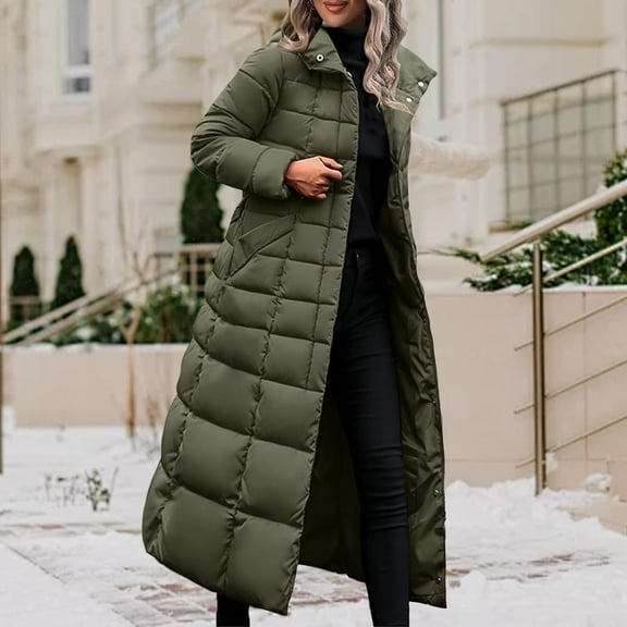 Zedker Winter Wool Coats for Women Warm Down Jacket Fur Long Puffer Coat with Hood,Plus Size Army Green L