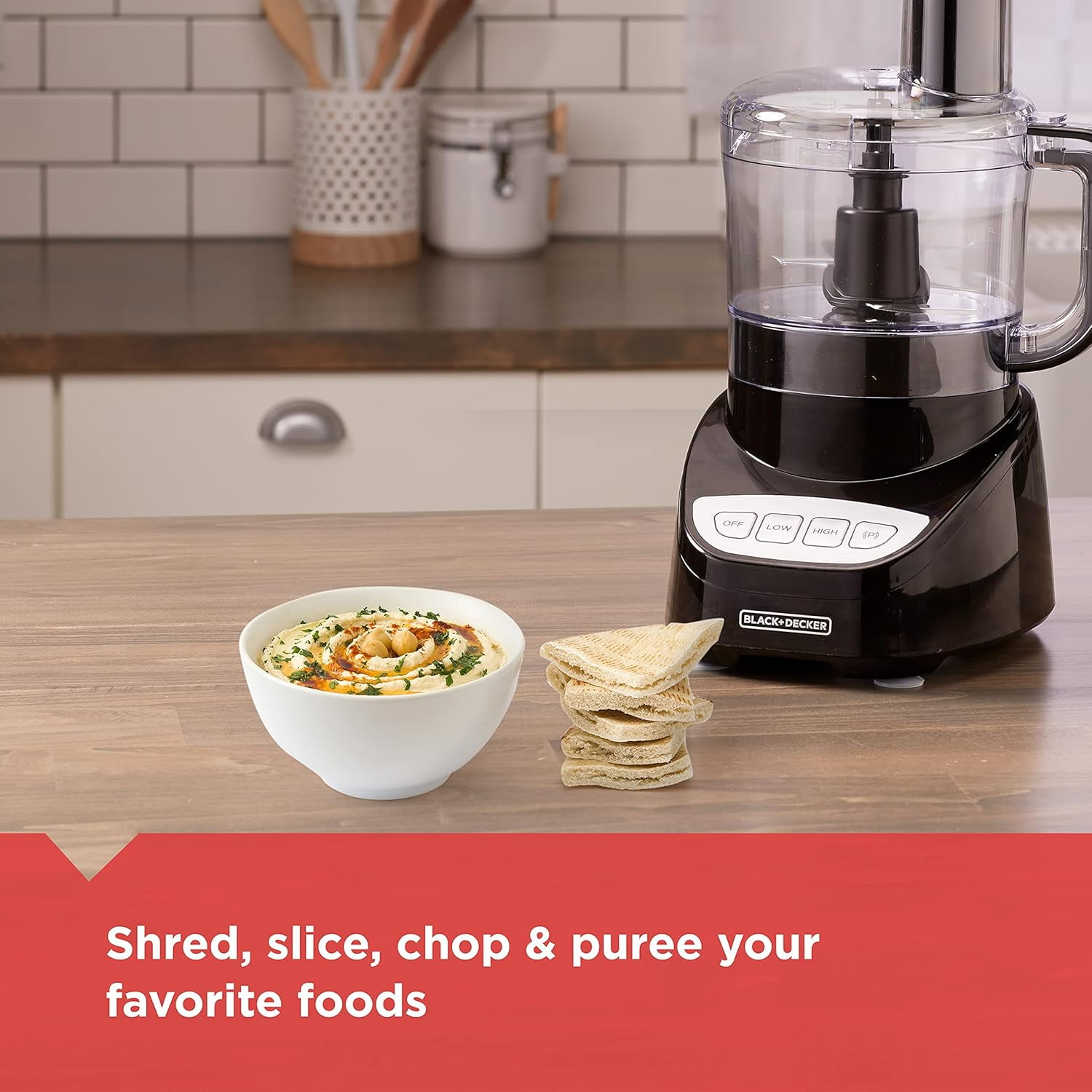 BLACK+DECKER Food Processor and Vegetable Chopper, 8-Cup Capacity, 450W, Stainless Steel Blades, Grate, Shred, Slice, Mince, Puree, Black, FP4100B