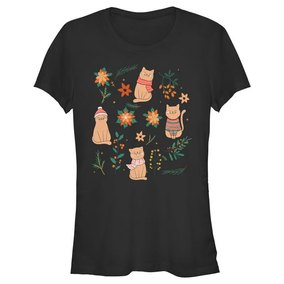 Junior's Lost Gods Christmas Floral Cats Graphic Tee Black Small