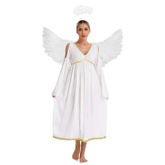 iiniim Womens Angel Flare Sleeve Chiffon Dress with Headband Feather Wings Halloween Outfit Ivory XXL