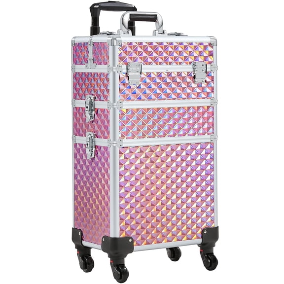 3 in 1 Rolling Makeup Case Professional Cosmetic Train Case Beauty Storage Trolley for Make Up Hairstylists Nail Tech Bloggers, Holographic Pink