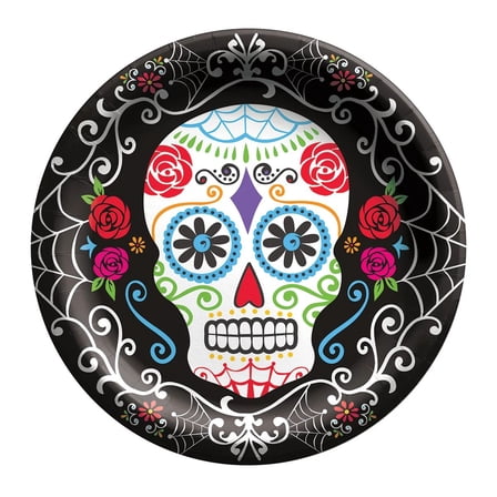 Amscan Day of the Dead 8.5 Inch Paper Plates 8 Ct Disposable Round Plates for Dia de los Muertos Party