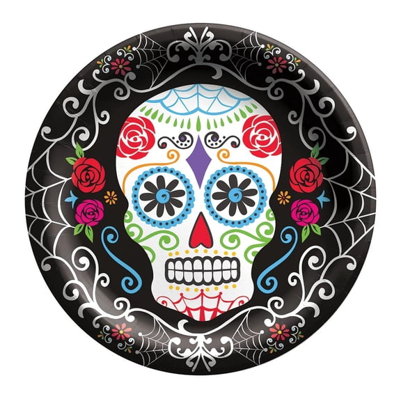 Amscan Day of the Dead 8.5 Inch Paper Plates 8 Ct Disposable Round Plates for Dia de los Muertos Party