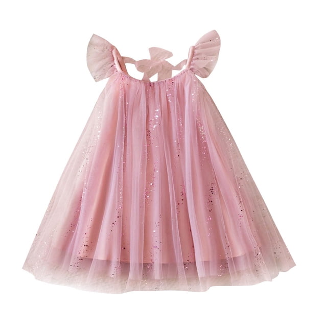 Odeerbi Niñas Vestido de Tul Con Lentejuelas Vestido de Verano Con Volantes Manga Con Lazo Vestido de Princesa Sin Mangas Cuello Redondo Malla