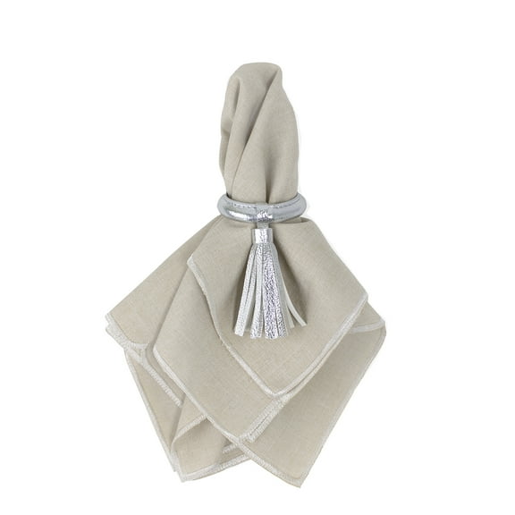 Fennco Styles Genuine Leather Tassel Napkin Rings, Set of 4 - Silver Leather Napkin Holder