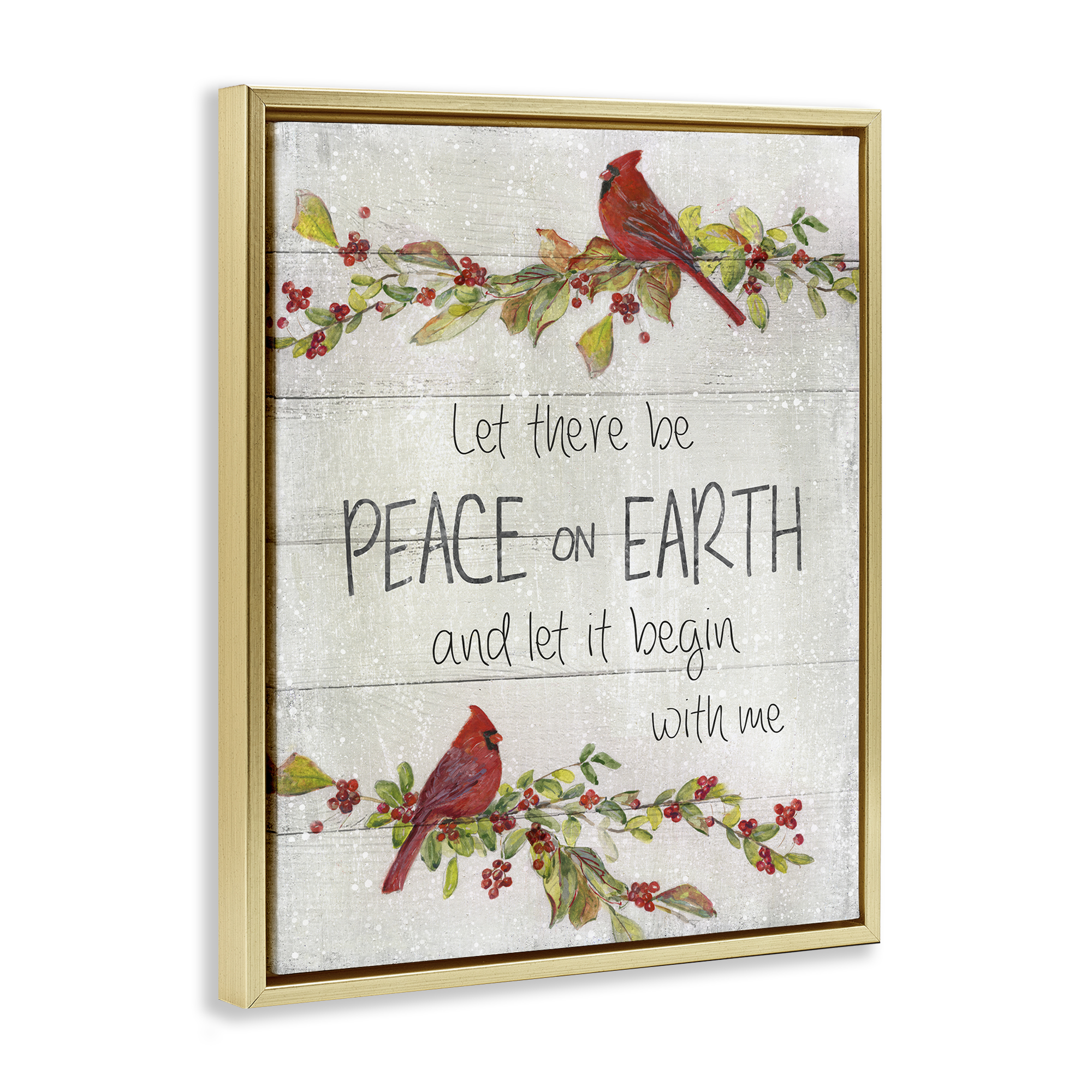 Stupell Industries Peace On Earth With Me Holiday Painting Gold Floater Framed Canvas Art Prints Wall Art, 25 x 31