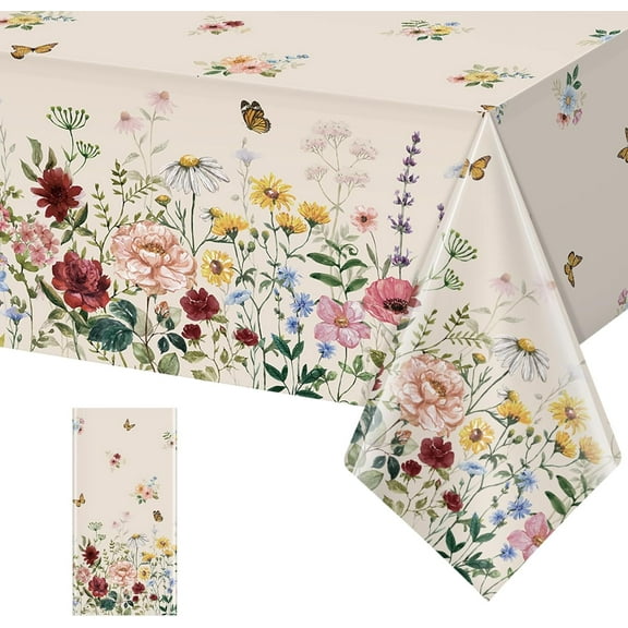 1 Pcs Spring Floral Tablecloth, Butterfly Wildflower Plastic Disposable Tablecloth Rectangle Table Covers for Easter, Birthday, Wedding, Mothers Day Tea Party Supplies and D rations,54 x 108 Inch