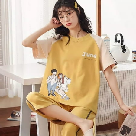 

QWZNDZGR Summer Knitted Cotton Cartoon Pajamas Sets Women Pyjamas Sleepwear Nightwear Pijama Mujer Plus Size Calf-Length Pants Homewear