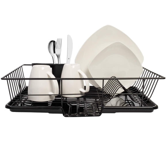 Sweet Home collection Dish Drainer Drain Board and Utensil Holder Simple Easy to Use, 19 x 12 x 5, Black
