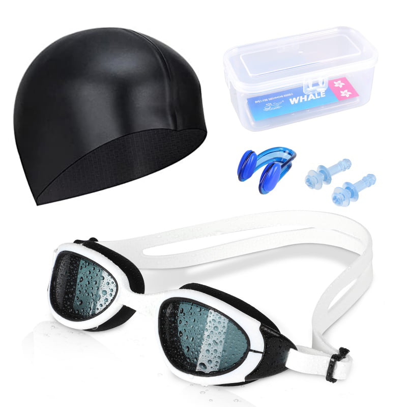 Anti Fog Adult Swimming Goggles Silicone Swim Cap Hat Ear Plugs Nose Clip Set 