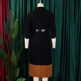 thumbnail image 4 of AURA Womens Pleated A Line Midi Dress Suit Collar Puff Nine Point Sleeves High Waist Sizes S 5XL, 4 of 6
