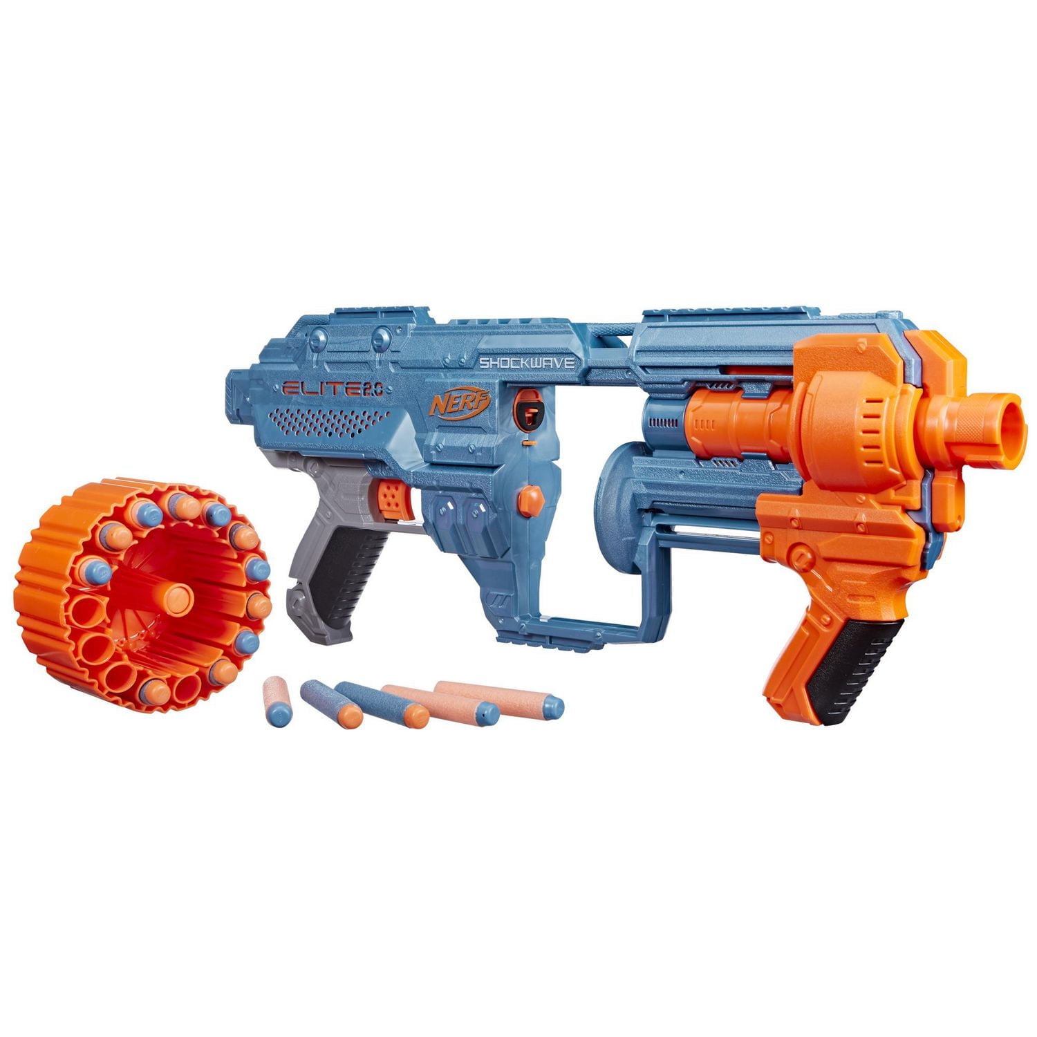 Nerf Elite 2.0, blaster Shockwave RD-15, 30 fléchettes Nerf, barillet rotatif 15 fléchettes, mécanisme à pompe, personnalisable