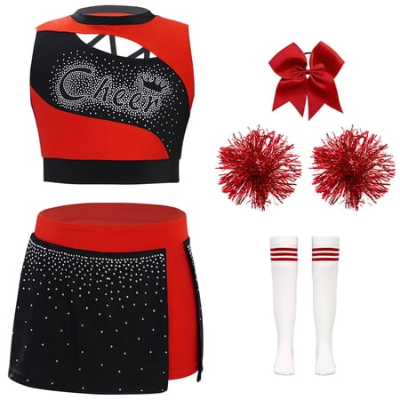 Alvivi Girls 5 Pieces Cheer Leader Outfit Competition Fancy Dress Up Crop Top+Skirt+Headwear+Flower Balls+Socks B Red 10