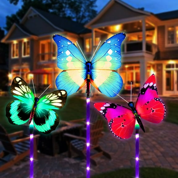 LED Garden Lights, Outdoor Waterproof Solar Stake Light, 3 Pack Multi-Color Changing Decorative Lighting for Patio Backyard Decoration (Butterfly)