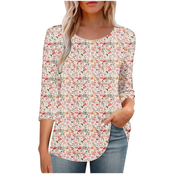 LYEAA Women Garden Party Blouse 2025 3/4 Sleeve Round Neck Floral Print Casual Tops Lightweight Beach Resort Shirt Summer Cotton Loose Fit Multicolor L