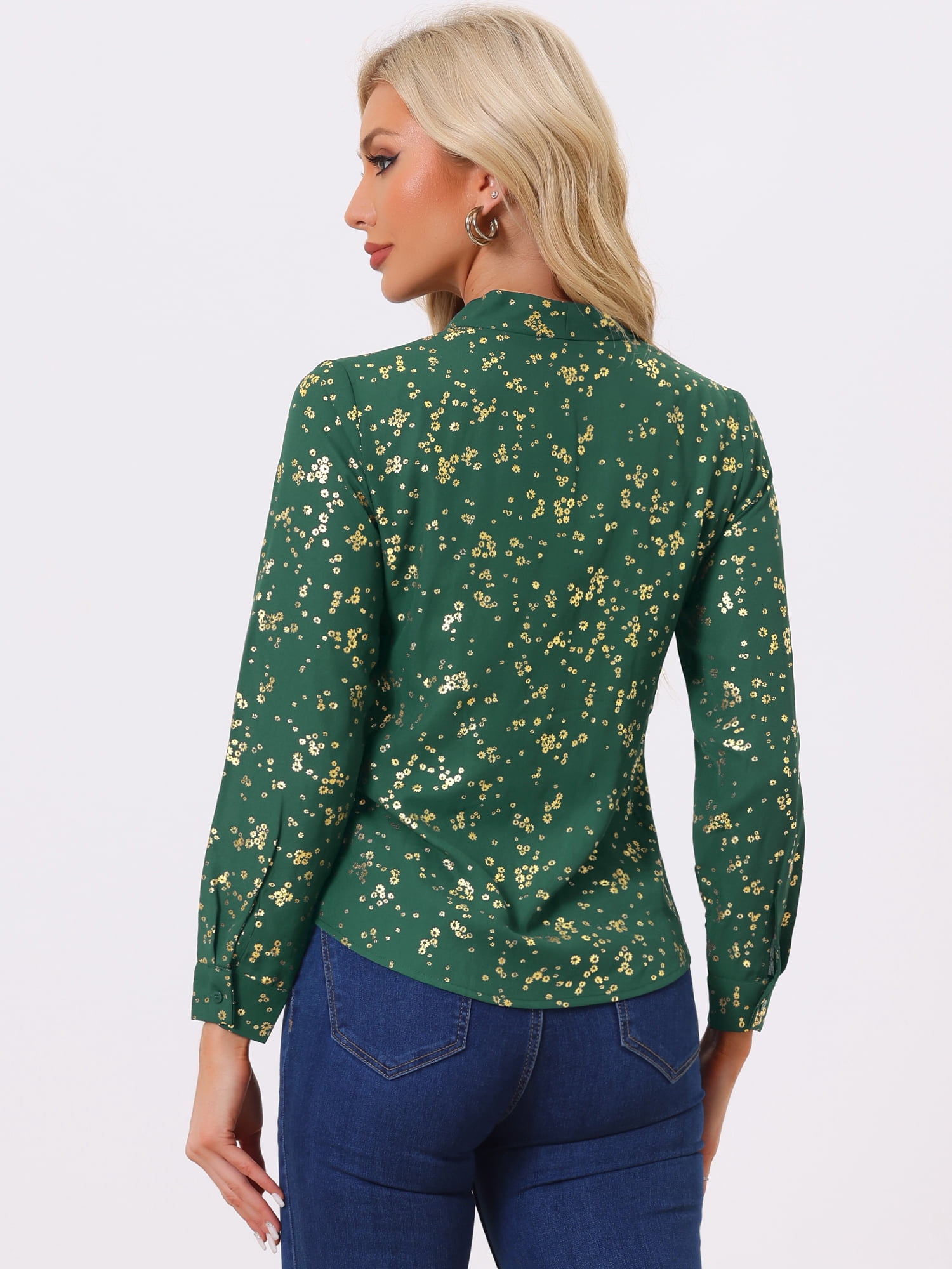 DARING DIVA Stand Collar Metallic Dots Stars Blouse Top S Green-Floral
