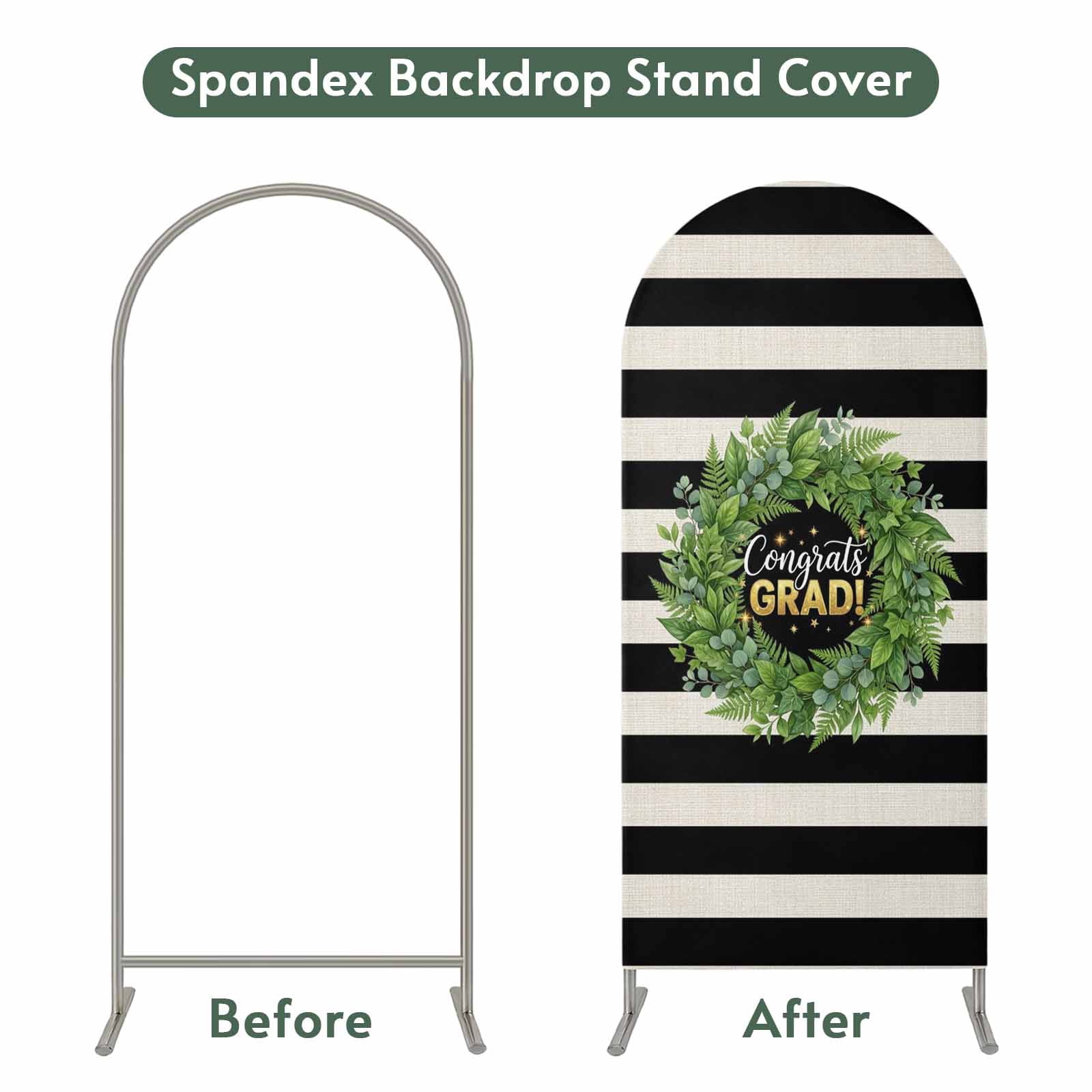 Graduate Season Arch Backdrop Cover 5 FT Congrats Grad Bachelor's Cap Leaf Wreath Black Stripes Stretchy Arch Stand Covers Spandex Arched Background Birthday Wedding Party Decoration (No Stand)