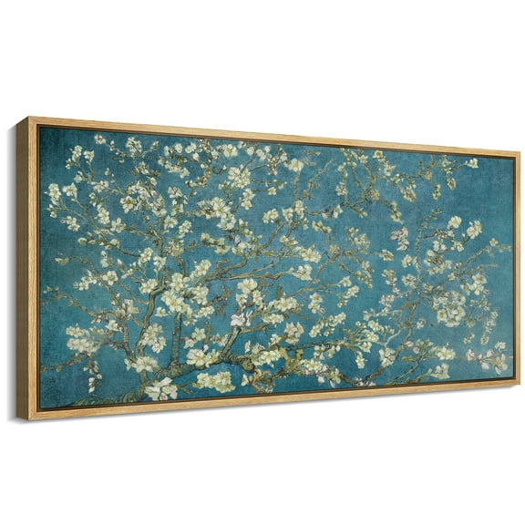 Large Framed Canvas Print Van Gogh Almond Blossoms on Blue - Vintage FloralWall Art Decorative Ready to Hang Painting for Living room Bedroom 60x30 inches Natural Frame