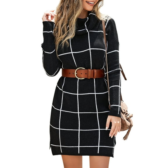 Luvamia Women Turtleneck Sweater Dress Cozy Grid Pullover Knitted Dress Casual Sweater , Sizes S-XL, 3 Colors