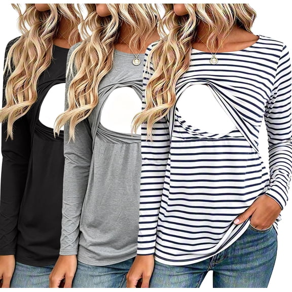 Women's Long Sleeve Maternity Nursing Tops Shirts Breastfeeding Clothes 3-Pack