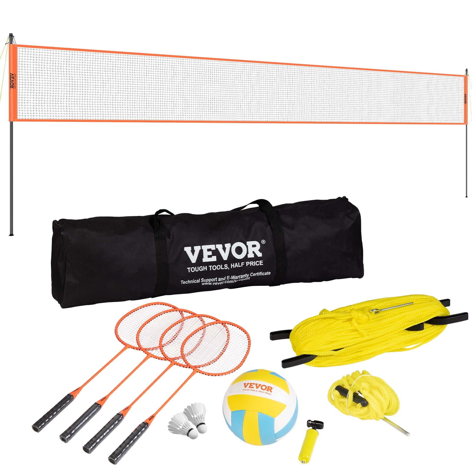 VEVOR Volleyball and Badminton Set, Outdoor Portable Badminton Net, Adjustable Height Steel Poles, Professional Combo Set with PVC Volleyball, Pump, Carrying Bag, Plastic Badminton Easy Setup