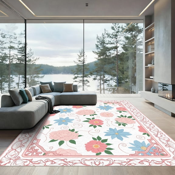 ODIKA 4'x6' Machine Washable Non-Slip Area Rug, Traditional White High Traffic Rug, White, 1092413