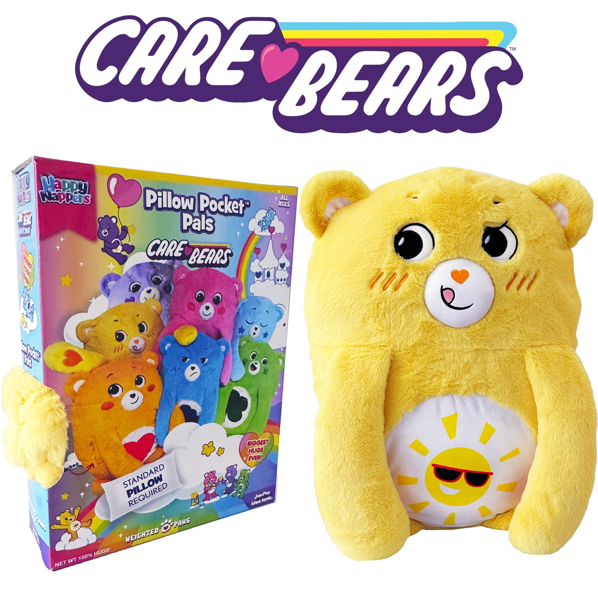 Happy Nappers: Care Bears Pillow Pocket Pal - Funshine Bear - Plush Character Pillow Case, Animal Cover w/ Weighted Paws, Kids Soft Huggable Companion