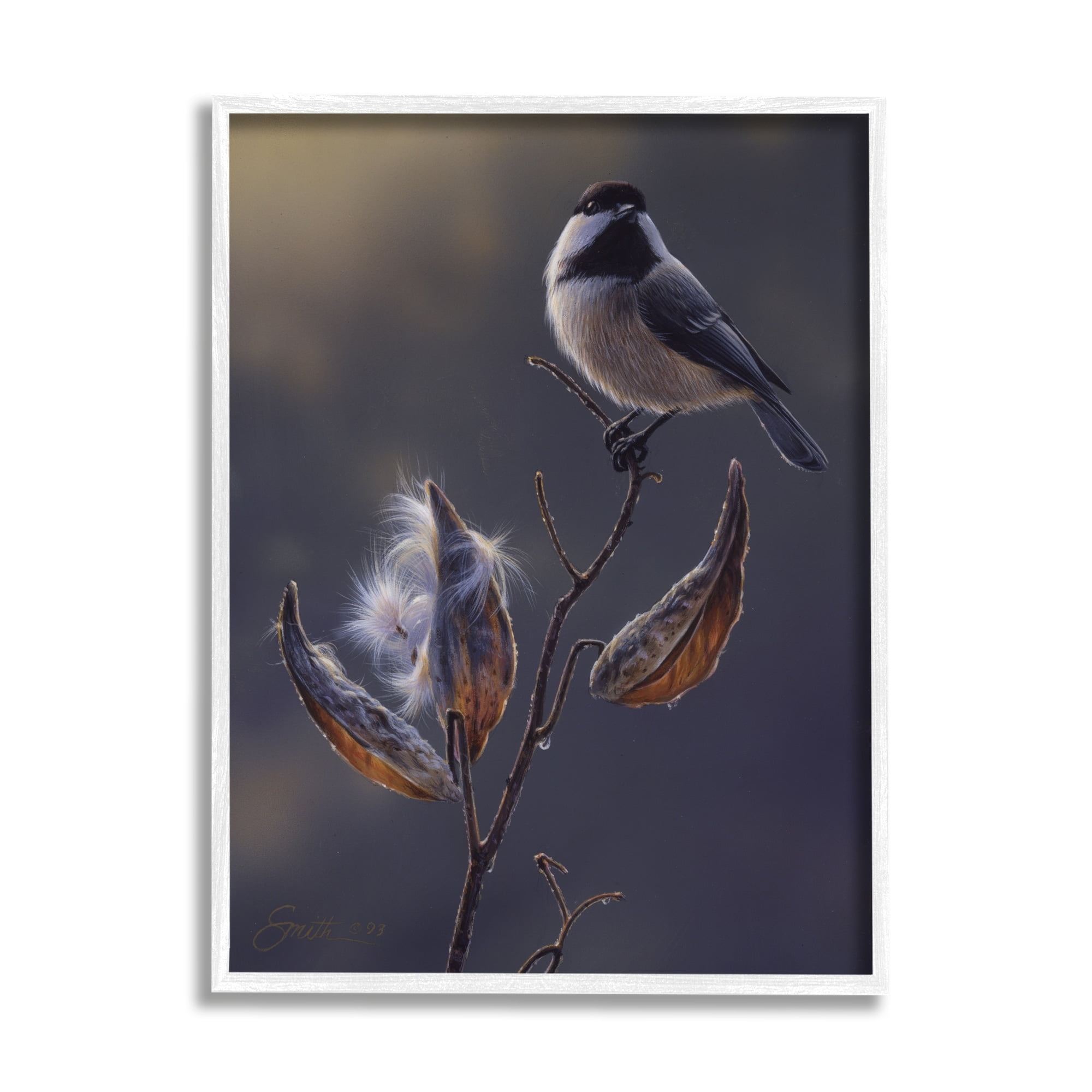 Stupell Industries Bird Perched Floral Seed Pods Animals & Insects Painting White Framed Art Print Wall Art