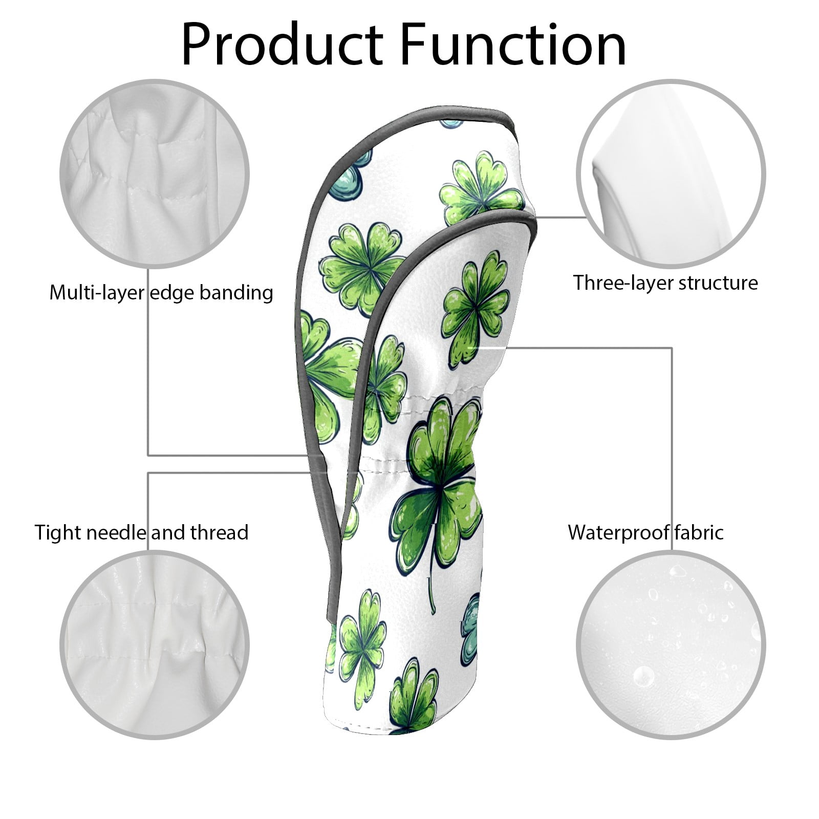 Golf Club Covers PU Leather Waterproof Head Covers for Fairway Woods Hybrids Four-leaf Clover Pattern Unisex Fits Most Brands