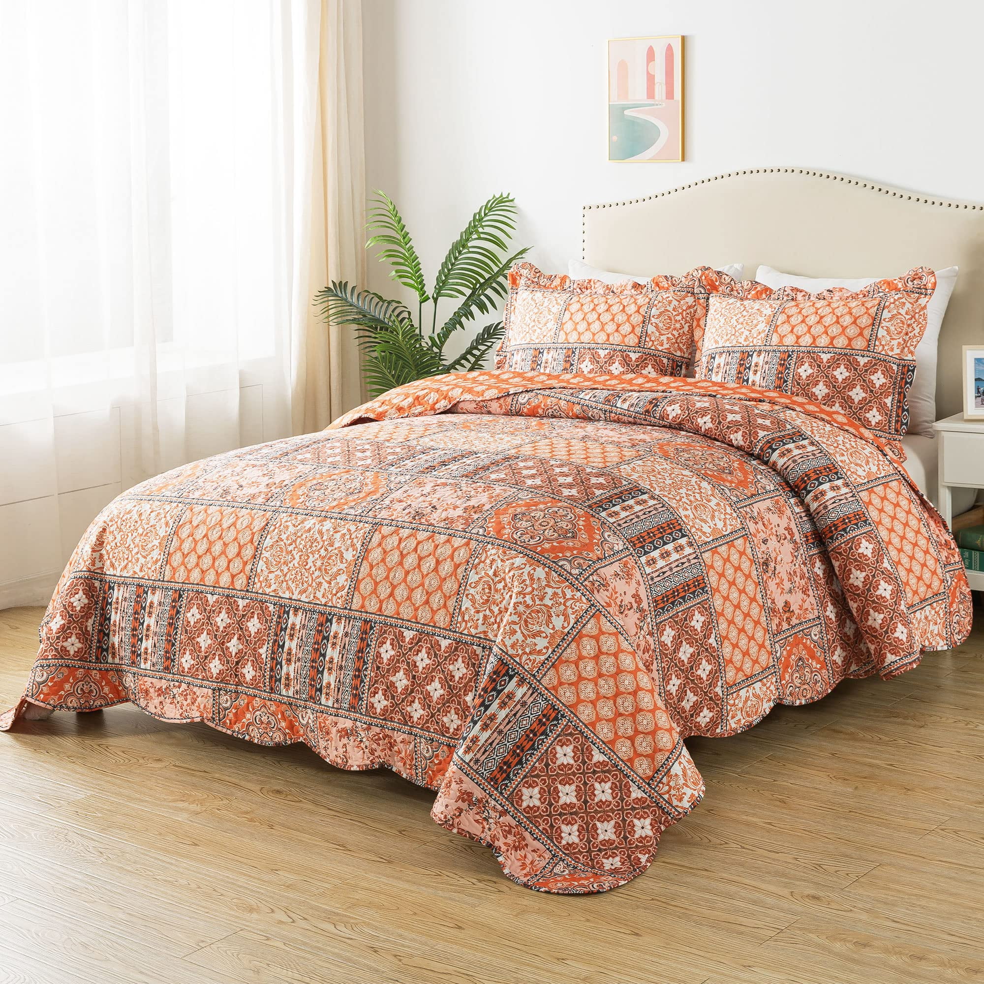 HoneiLife Quilts King Size - 3 Piece Microfiber Quilt set Reversible Bedspreads Patchwork Coverlets Floral Bedding Set All Season, Orange