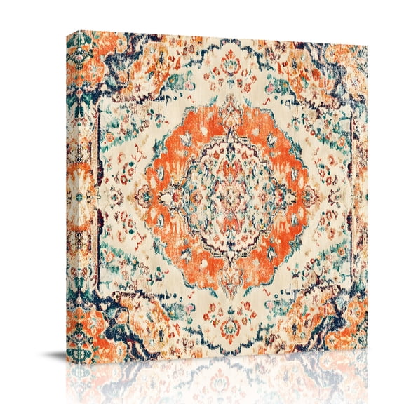 Boho Floral Canvas Wall Art for Living Room, Orange Theme Abstract Traditional Ethnic Flowers Wall Decor Framed Artwork Pictures Ready to Hang for Bedroom Office Home Decor