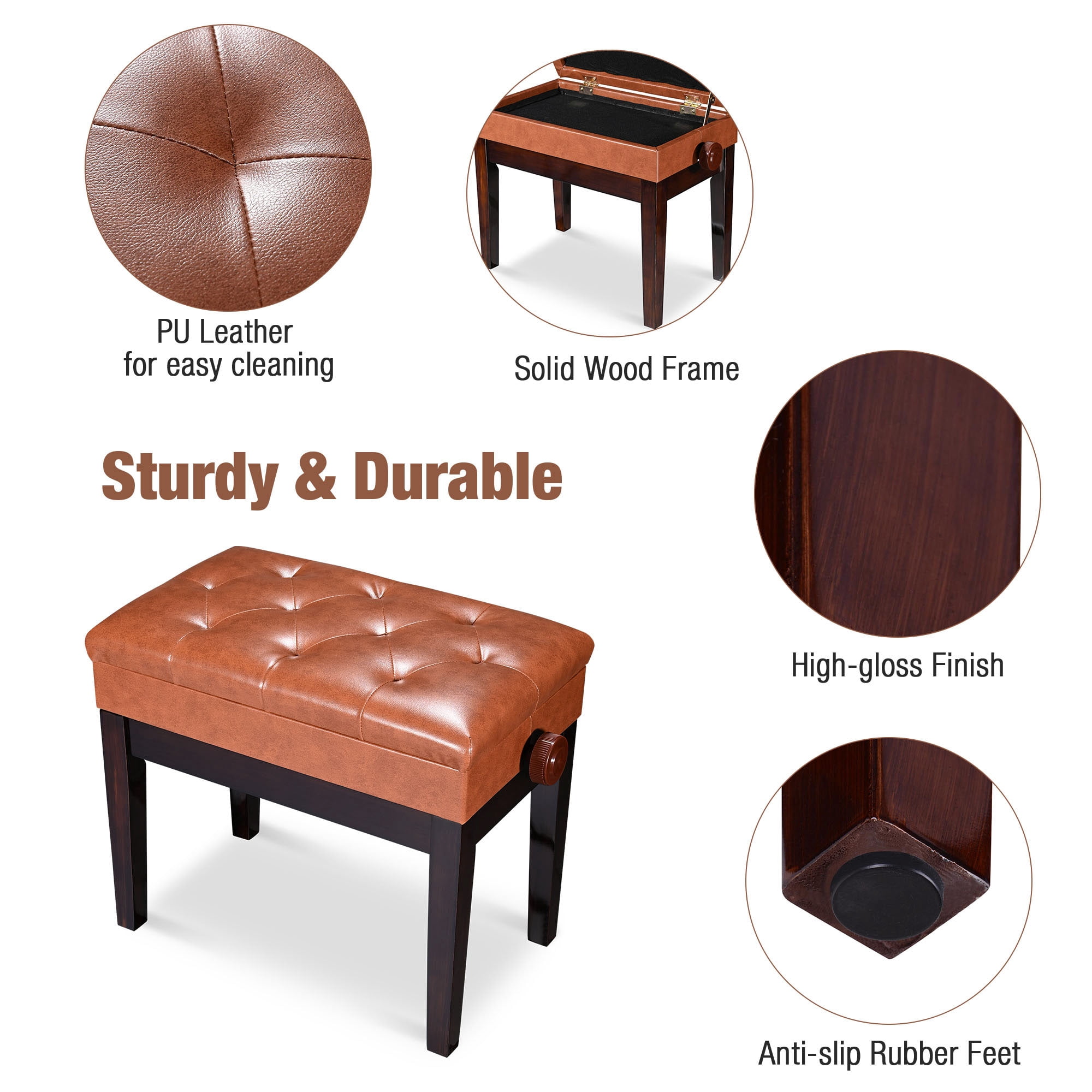 Yescom Piano Bench Adjustable Height PU Leather Padded Keyboard Organ Seat Throne Storage