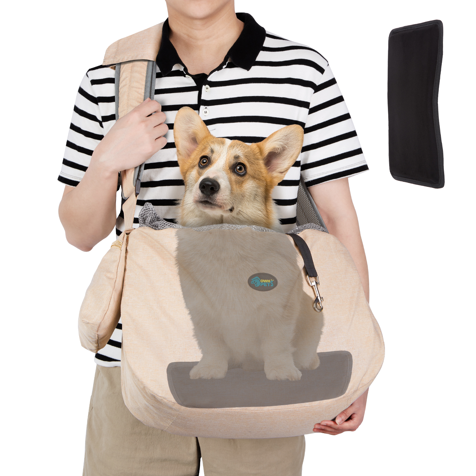 Ownpets Beige Pet Sling Carrier with Adjustable Strap and Pocket Shoulder Pad Fits 15 to 20lbs Extra-Large Dog/Cat