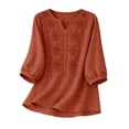 thumbnail image 4 of Wutalume Women's 3/4 Sleeve Linen Top - Casual V-Neck Button Down Shirt in Solid Color, 3/4 Sleeve Blouses for Women, Womens Summer Tops Breathable,Orange XL, 4 of 5