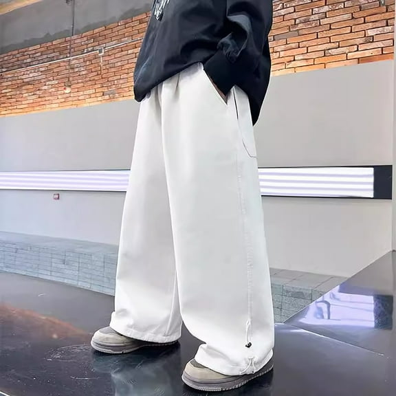 fnnxnal Big Boys' White Stretch Pants 11T - Nylon Spandex Baggy Wide-Leg Style, Elastic Waist with Drawstrings, Side Pockets for Daily/Outdoor/School