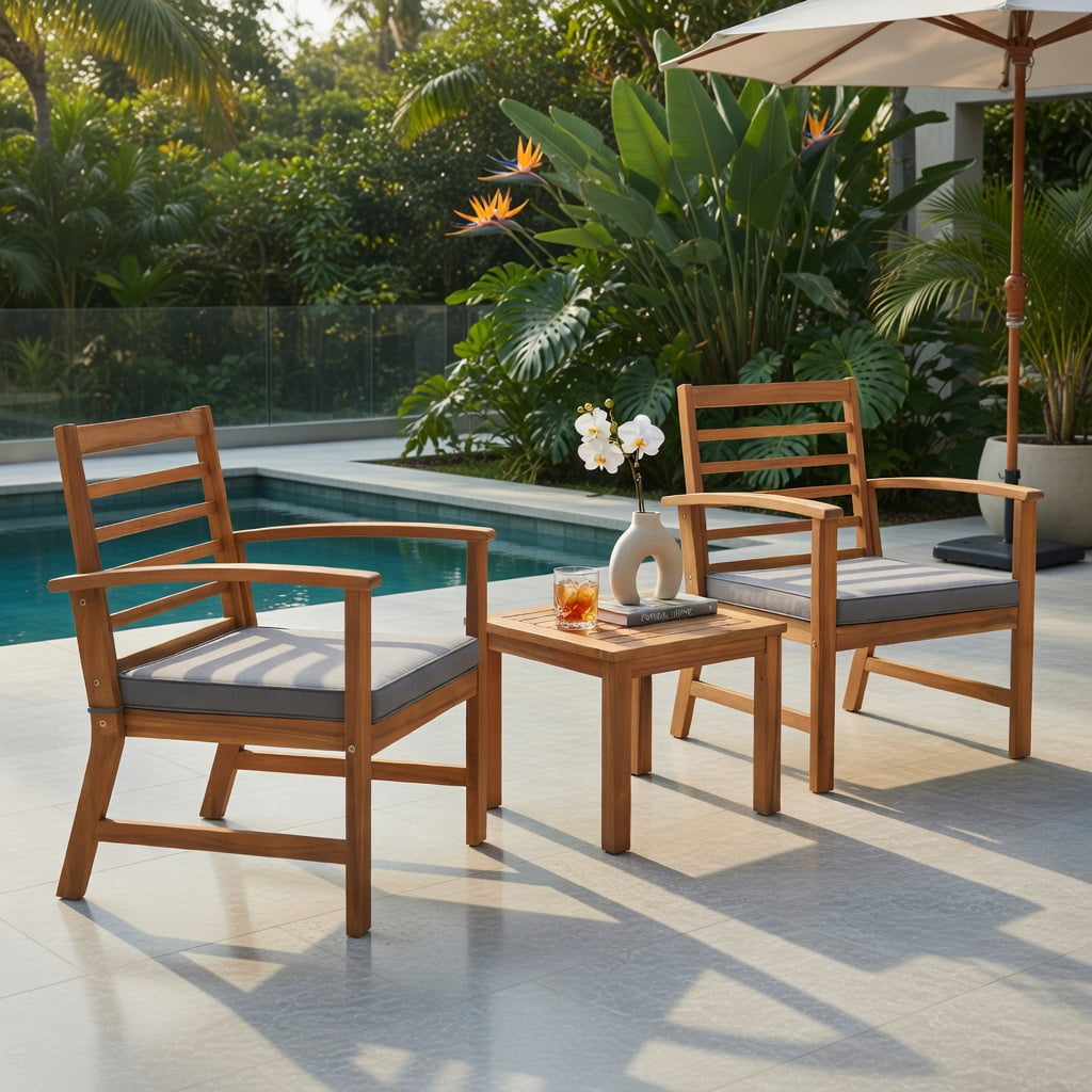 Hommoo 3-Piece Acacia Wood Outdoor Patio Furniture Set with Cushions, Durable Backyard Seating for Porch, Poolside & Deck, Gray